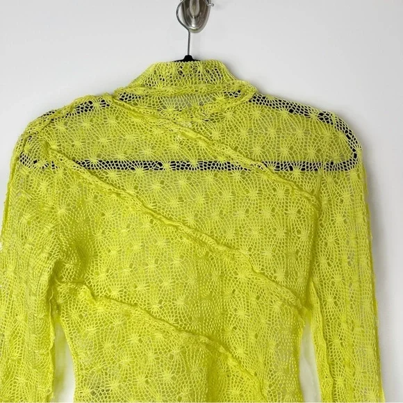 KIM SHUI Exclusive Asymmetrical Sheer Crochet Turtleneck Top Neon Yellow Size S - Picture 11 of 12